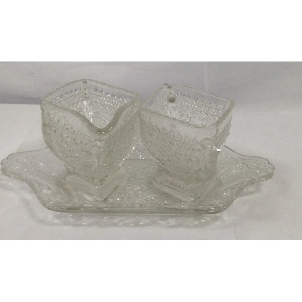 Vintage Crystal Cream & Sugar Bowl With Plate‎ , Etched Floral & Diamond Pattern